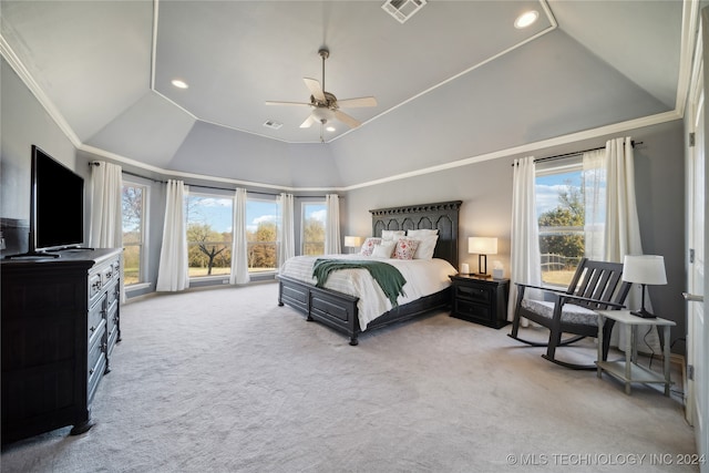 carpeted bedroom featuring vaulted ceiling, ceiling fan, and crown molding