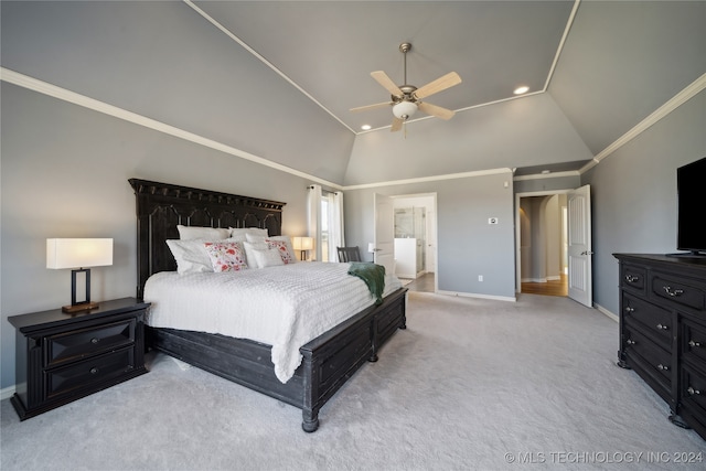 carpeted bedroom with ceiling fan, high vaulted ceiling, and ornamental molding