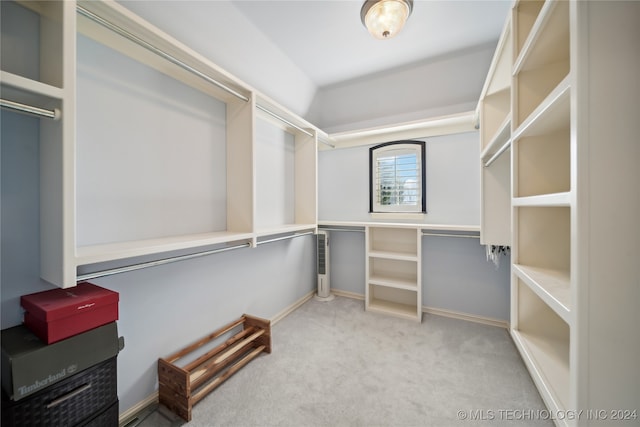 walk in closet with light colored carpet