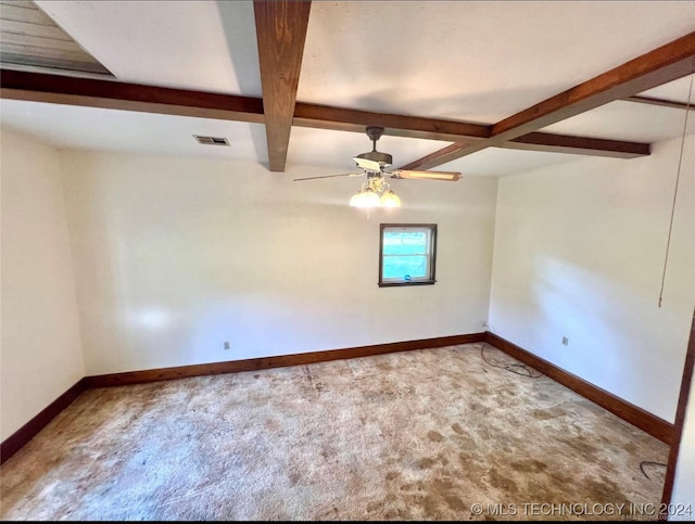 empty room with carpet flooring, ceiling fan, and beam ceiling