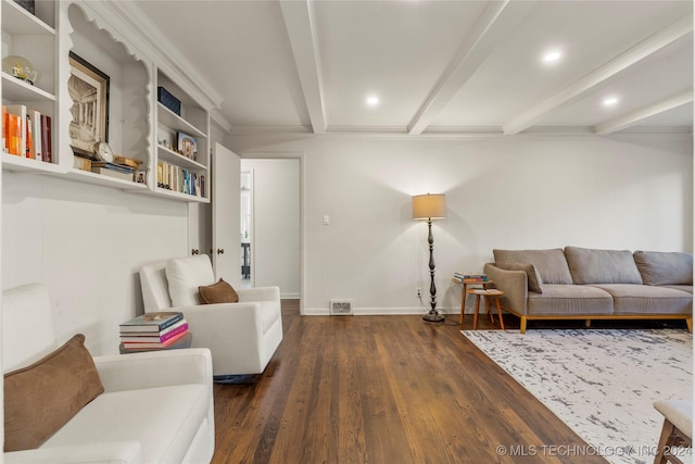 3920 S Utica Ave, Tulsa, OK 74105 - living room with dark wood finished floors, beamed ceiling, baseboards, and recessed lighting