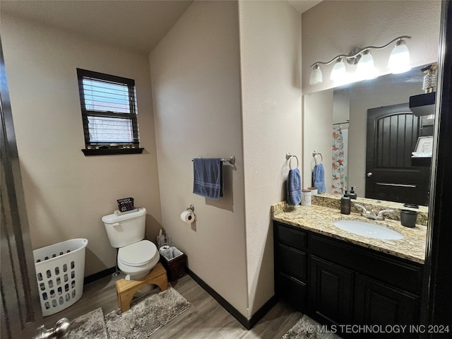 bathroom featuring toilet, vanity, and hardwood / wood-style floors