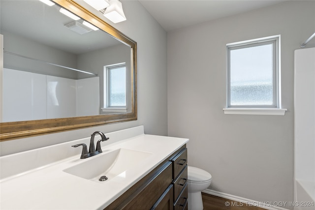 bathroom with vanity, toilet, and wood-type flooring