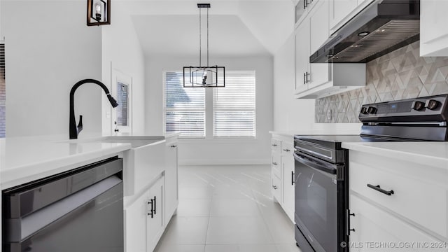 kitchen featuring white cabinetry, tasteful backsplash, ventilation hood, pendant lighting, and black appliances