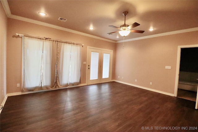 interior space with crown molding, baseboards, recessed lighting, a ceiling fan, and dark wood-style flooring