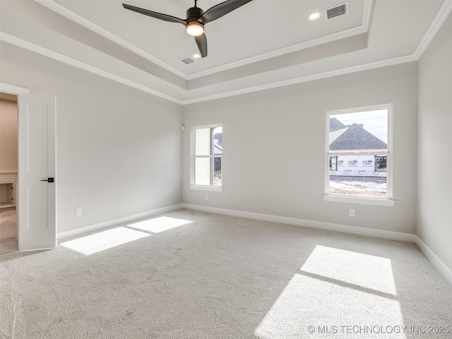 empty room featuring light colored carpet, a tray ceiling, and ornamental molding