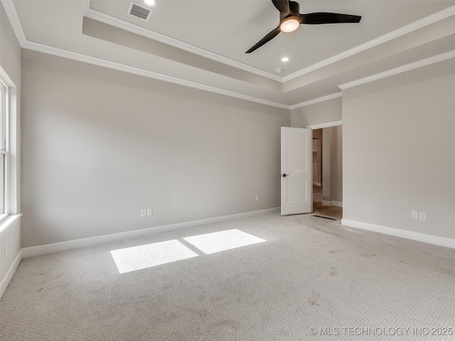 spare room with light carpet, ceiling fan, ornamental molding, and a raised ceiling