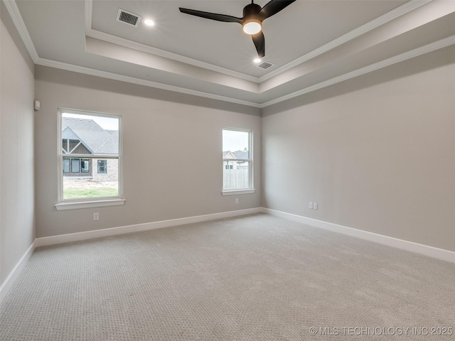 unfurnished room featuring a raised ceiling, plenty of natural light, and ornamental molding