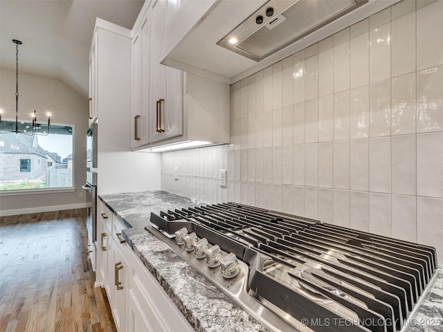 kitchen with stainless steel appliances, tasteful backsplash, wood finished floors, light stone countertops, and premium range hood