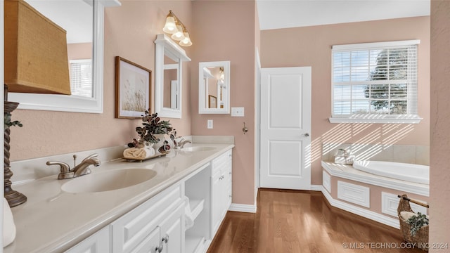 bathroom featuring vanity, hardwood / wood-style floors, and a bathtub