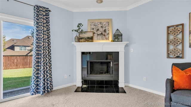 carpeted living room with ornamental molding