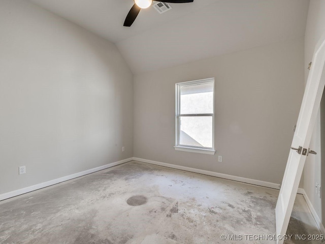 unfurnished room with vaulted ceiling and ceiling fan