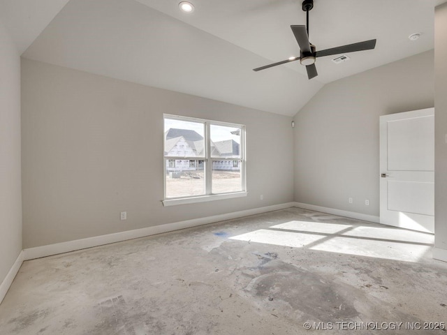 empty room with vaulted ceiling and ceiling fan