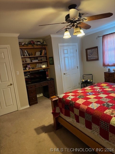 bedroom featuring light colored carpet, ceiling fan, and crown molding