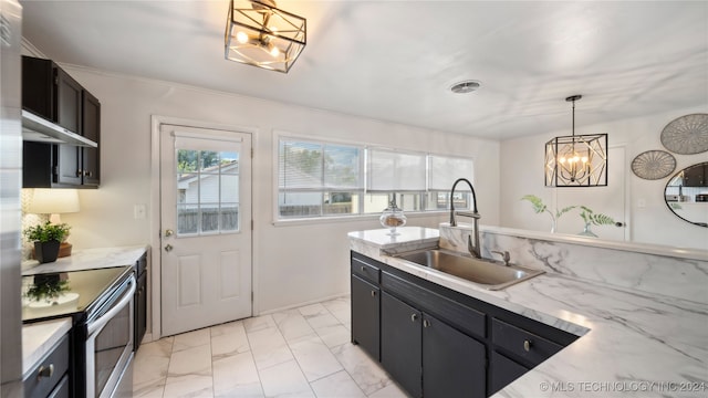 kitchen with sink, pendant lighting, stainless steel range with electric stovetop, a chandelier, and light stone countertops