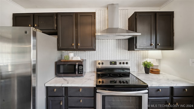 kitchen featuring ornamental molding, wall chimney exhaust hood, appliances with stainless steel finishes, and dark brown cabinetry