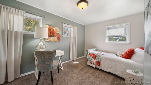 bedroom with carpet flooring and crown molding