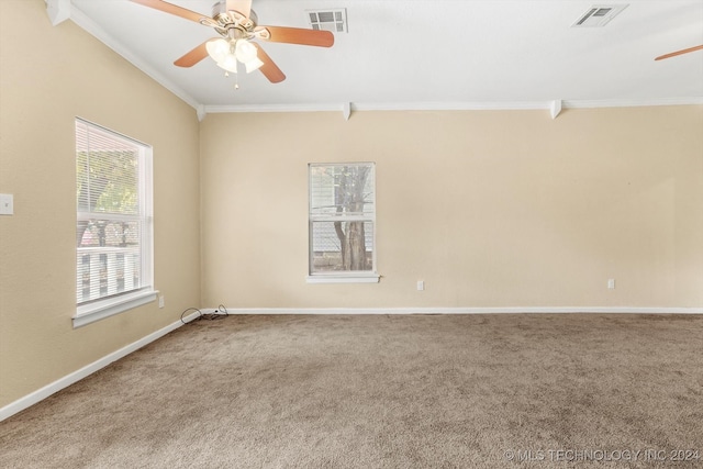 unfurnished room with ceiling fan, carpet floors, and ornamental molding