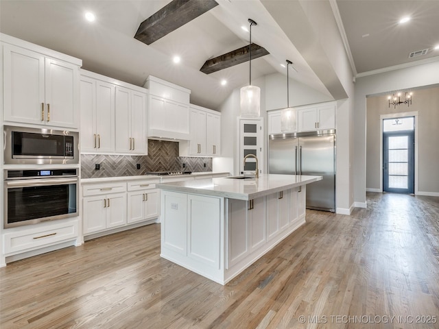 kitchen featuring white cabinets, visible vents, a sink, tasteful backsplash, and built in appliances