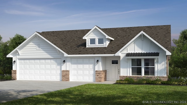 view of front of house featuring driveway, roof with shingles, an attached garage, a front lawn, and board and batten siding