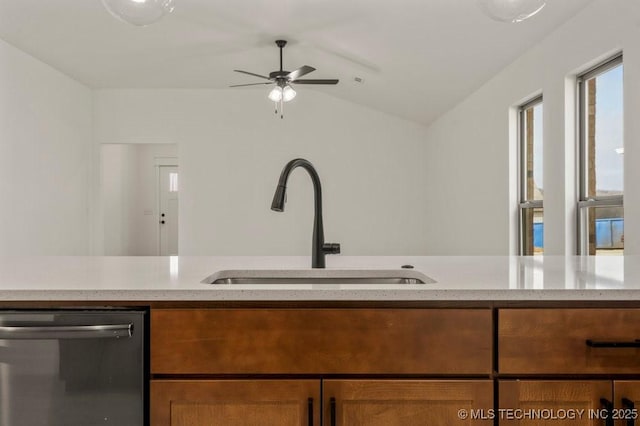 kitchen with dishwasher, lofted ceiling, sink, and ceiling fan