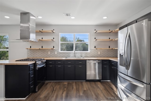 kitchen featuring island exhaust hood, appliances with stainless steel finishes, dark hardwood / wood-style floors, and plenty of natural light