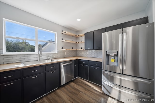 kitchen with sink, decorative backsplash, dark hardwood / wood-style flooring, and stainless steel appliances