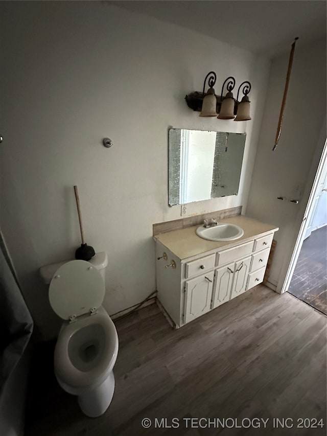 bathroom with hardwood / wood-style floors, vanity, and toilet