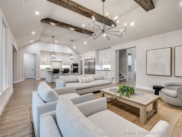 living room featuring a notable chandelier, high vaulted ceiling, beam ceiling, and light hardwood / wood-style floors