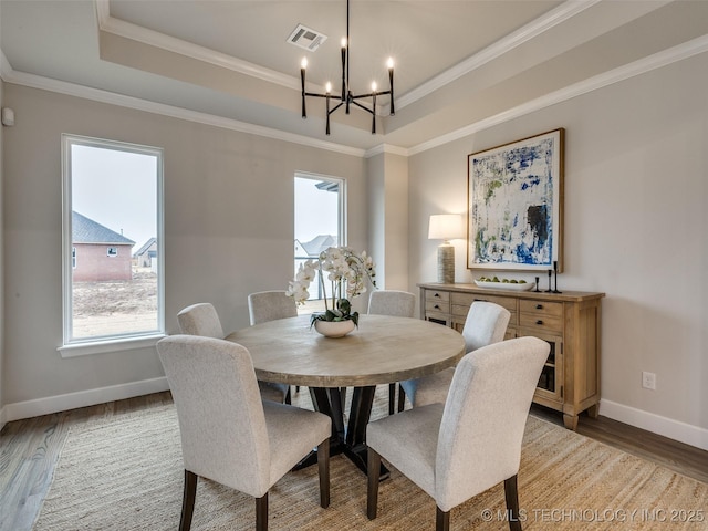 dining room with hardwood / wood-style floors, a wealth of natural light, and a raised ceiling