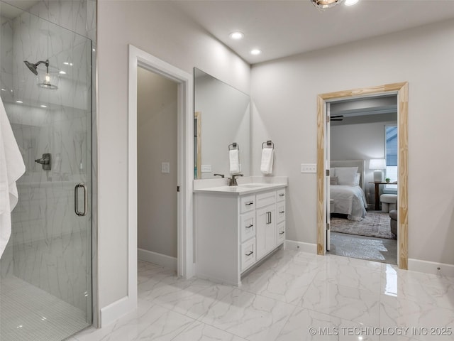 bathroom featuring vanity and an enclosed shower