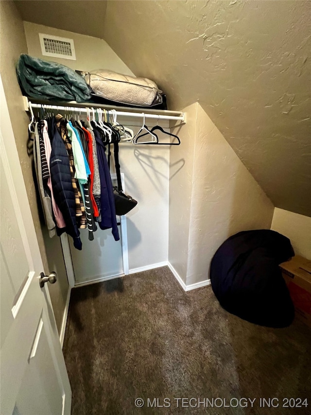 spacious closet with dark carpet and lofted ceiling