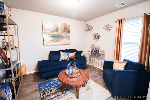 living room with dark hardwood / wood-style floors