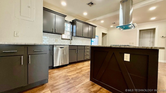 kitchen with a kitchen island, light hardwood / wood-style floors, and exhaust hood