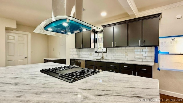 kitchen with beam ceiling, light stone countertops, sink, dark hardwood / wood-style flooring, and decorative backsplash