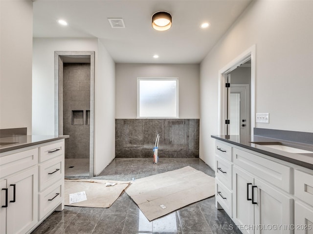 bathroom with a fireplace, walk in shower, and vanity