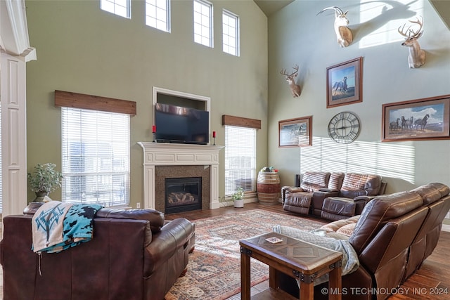 living room featuring a healthy amount of sunlight, wood-type flooring, and a towering ceiling