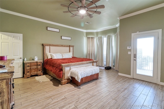 bedroom featuring access to exterior, ceiling fan, crown molding, and light hardwood / wood-style floors