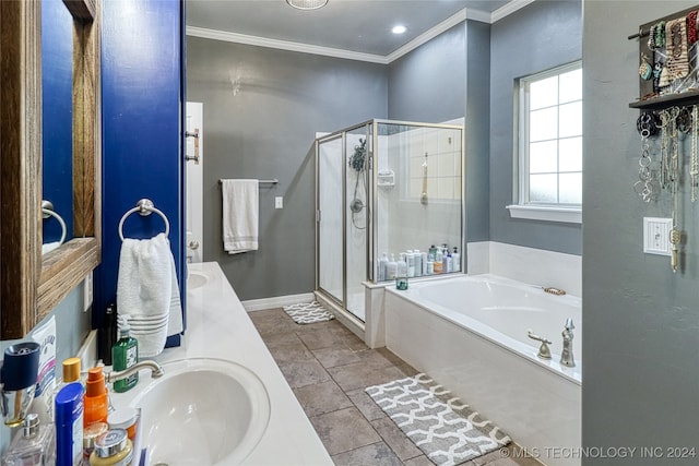 bathroom featuring tile patterned floors, crown molding, vanity, and shower with separate bathtub