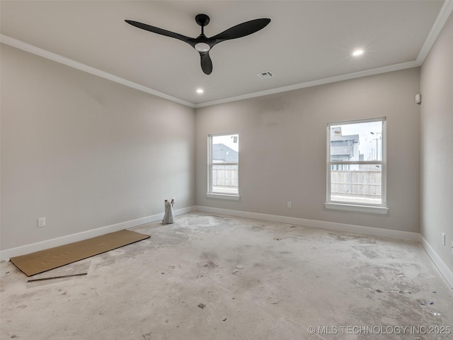 unfurnished room featuring ceiling fan and crown molding