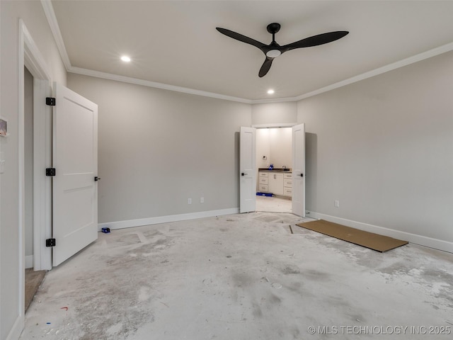 interior space featuring ceiling fan and ornamental molding