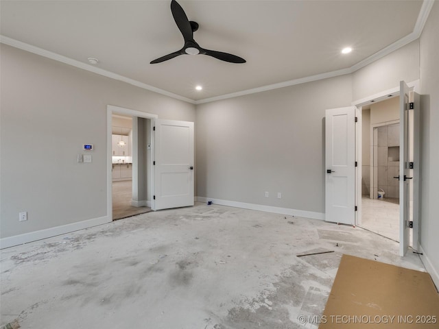 unfurnished bedroom with ceiling fan, ensuite bathroom, and crown molding