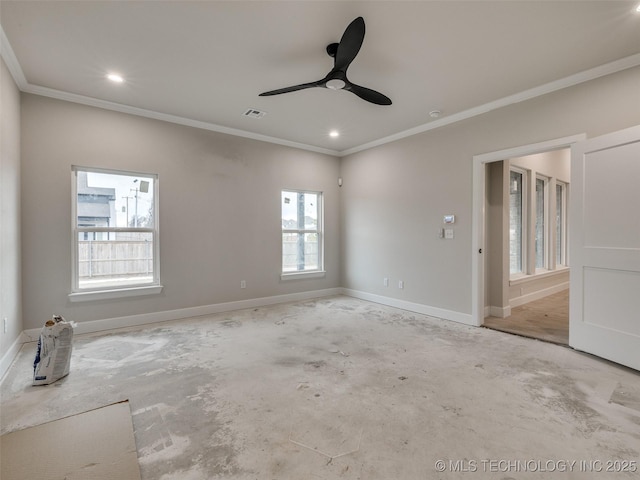 unfurnished room with ceiling fan and ornamental molding