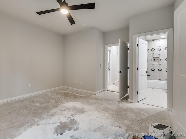 unfurnished bedroom with ceiling fan and ensuite bath