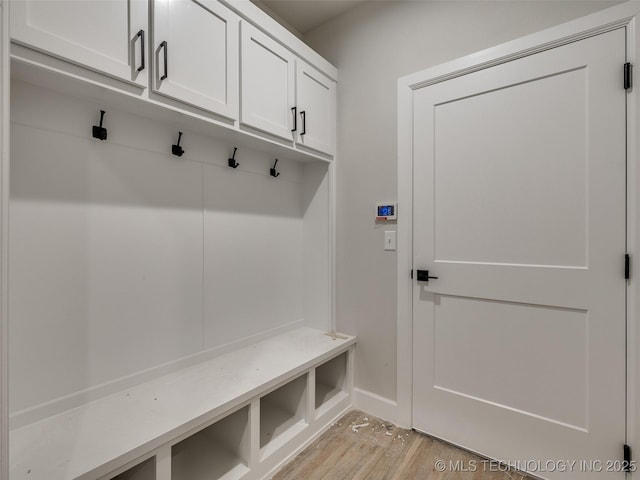 mudroom with light hardwood / wood-style flooring