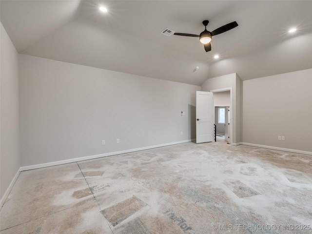 unfurnished bedroom featuring ceiling fan and vaulted ceiling