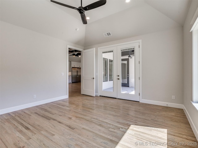 11224 S Fir Ave W, Jenks, OK 74037 - unfurnished bedroom with french doors, stainless steel built in fridge, access to outside, light wood-style floors, and high vaulted ceiling