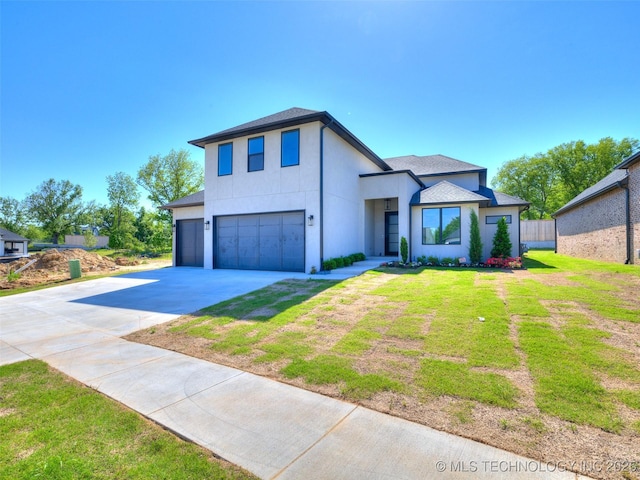 11224 S Fir Ave W, Jenks, OK 74037 - contemporary house featuring stucco siding, an attached garage, driveway, a front yard, and a shingled roof