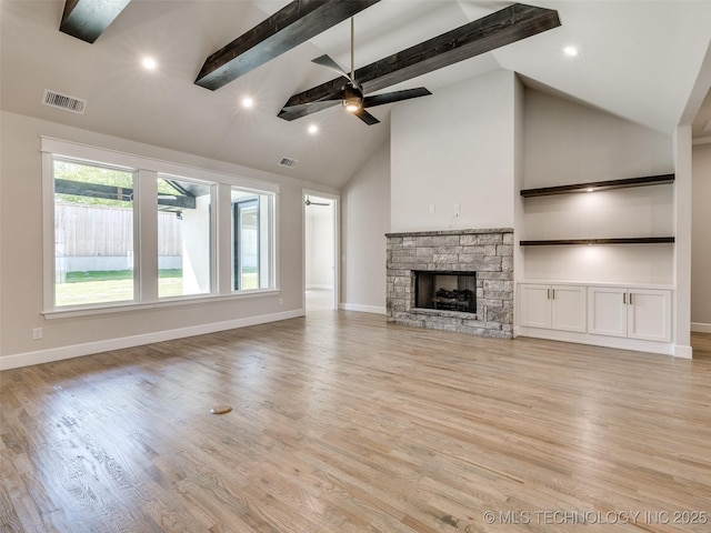 11224 S Fir Ave W, Jenks, OK 74037 - unfurnished living room featuring baseboards, beam ceiling, high vaulted ceiling, a stone fireplace, and light wood-style floors