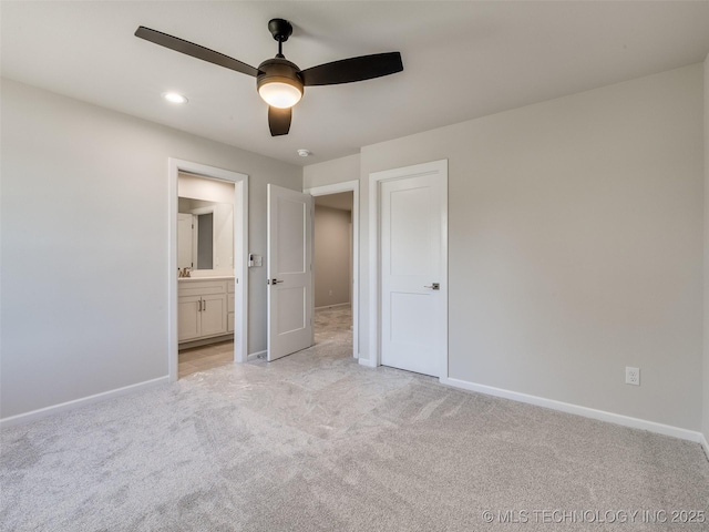 11224 S Fir Ave W, Jenks, OK 74037 - unfurnished bedroom featuring light colored carpet, baseboards, ensuite bath, recessed lighting, and ceiling fan